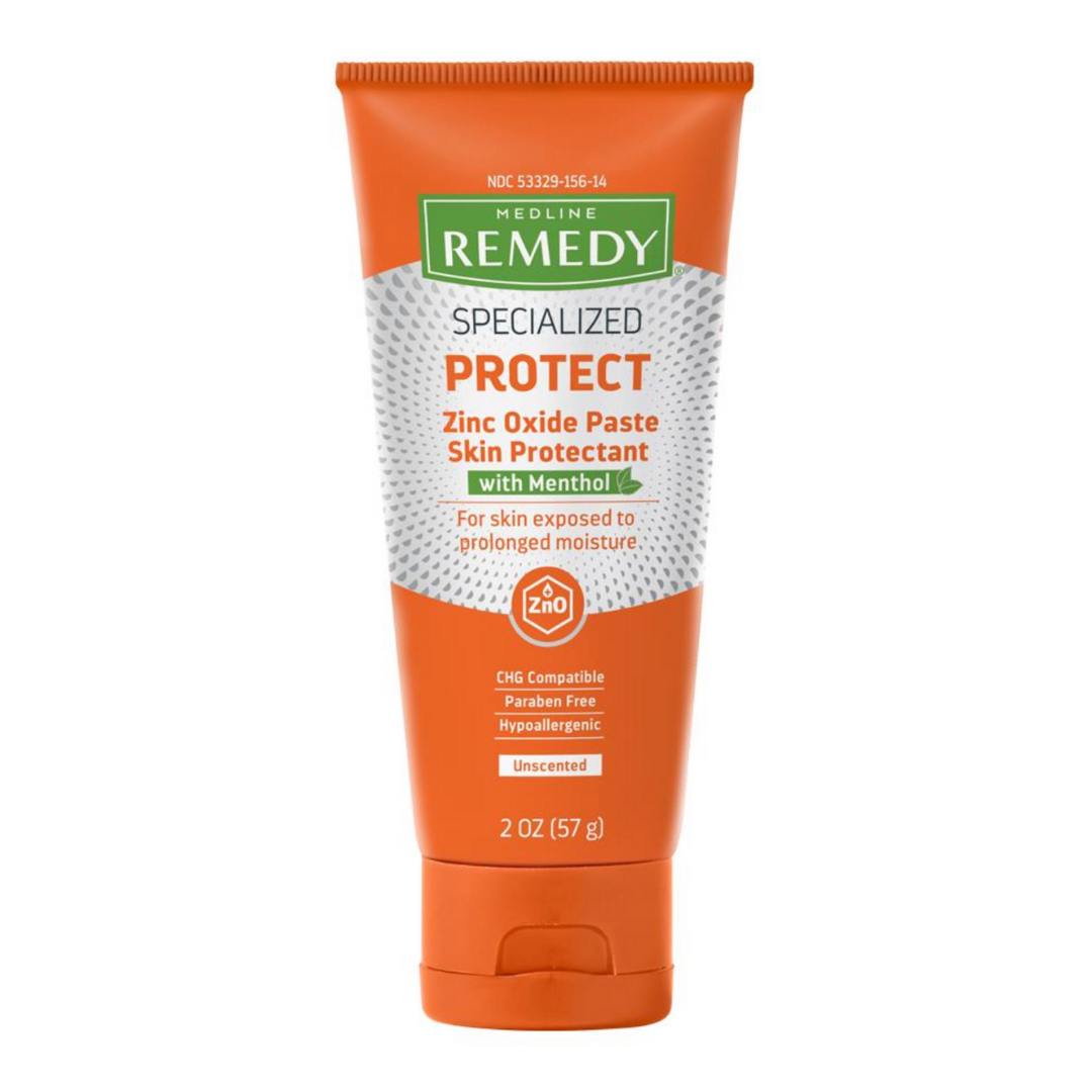 A 2 oz (57g) orange and white tube of Medline Remedy Specialized Zinc Oxide Paste with Menthol, labeled for protecting skin exposed to prolonged moisture.